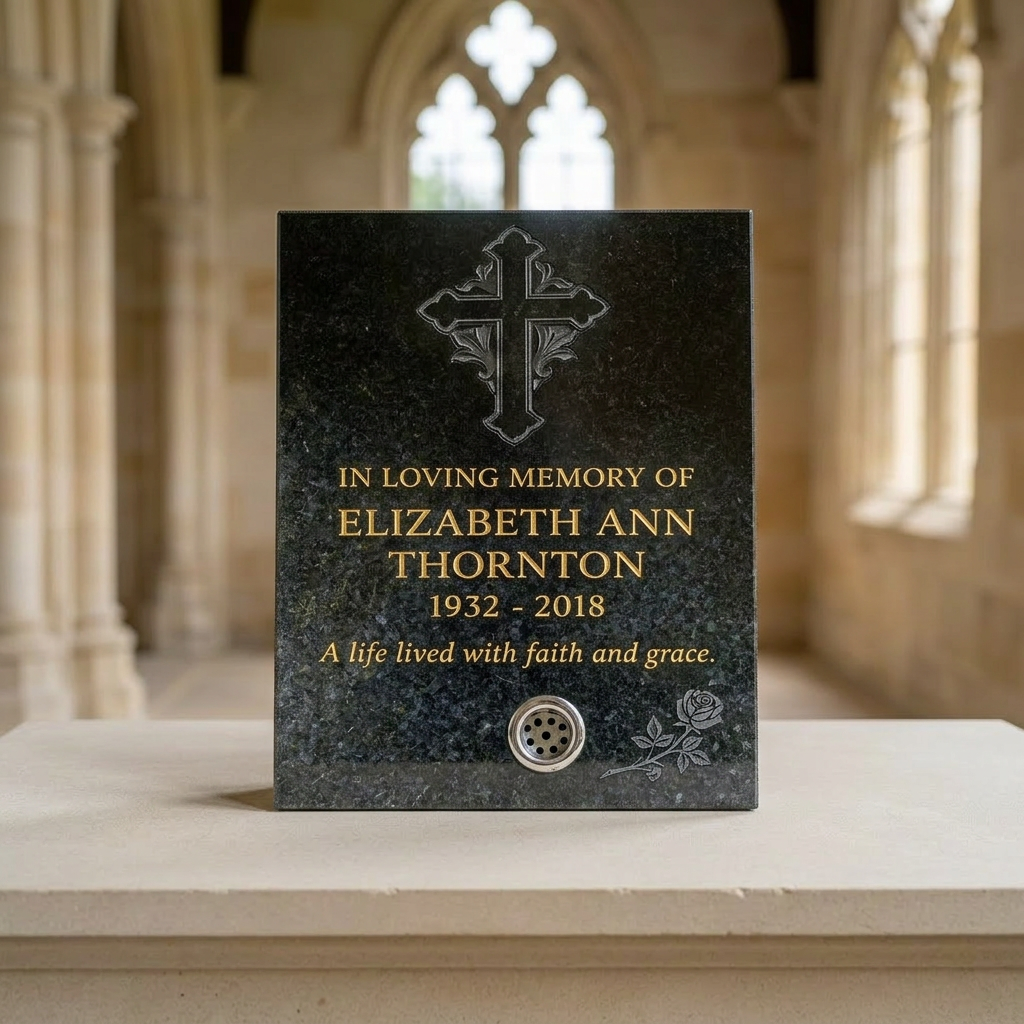 Black gravestone with a cross and inscription for Elizabeth Ann Thornton 1932-2018