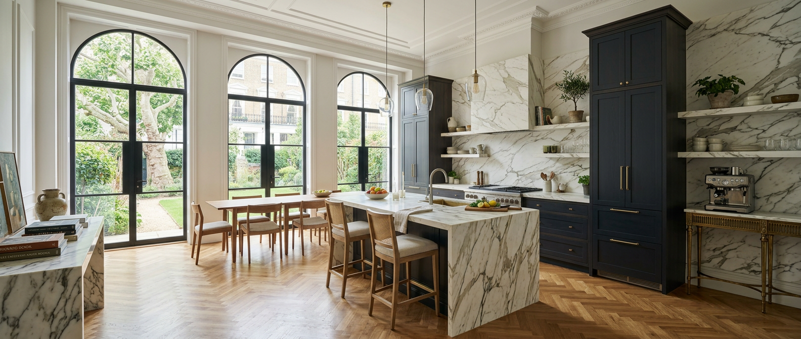 Kitchen with marble countertops, dark cabinetry, large arched windows, and wooden flooring