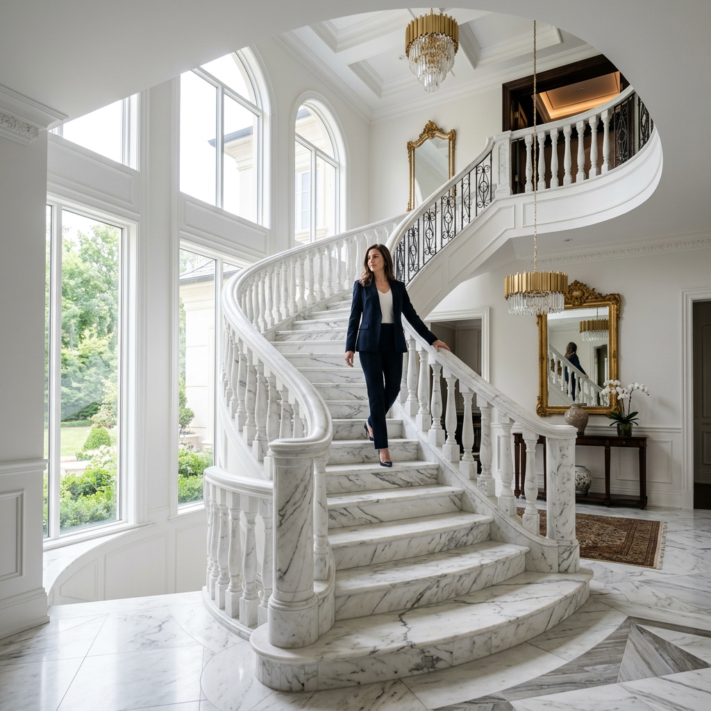 Woman in navy suit walking down a curved marble staircase in a luxurious, well-lit interior